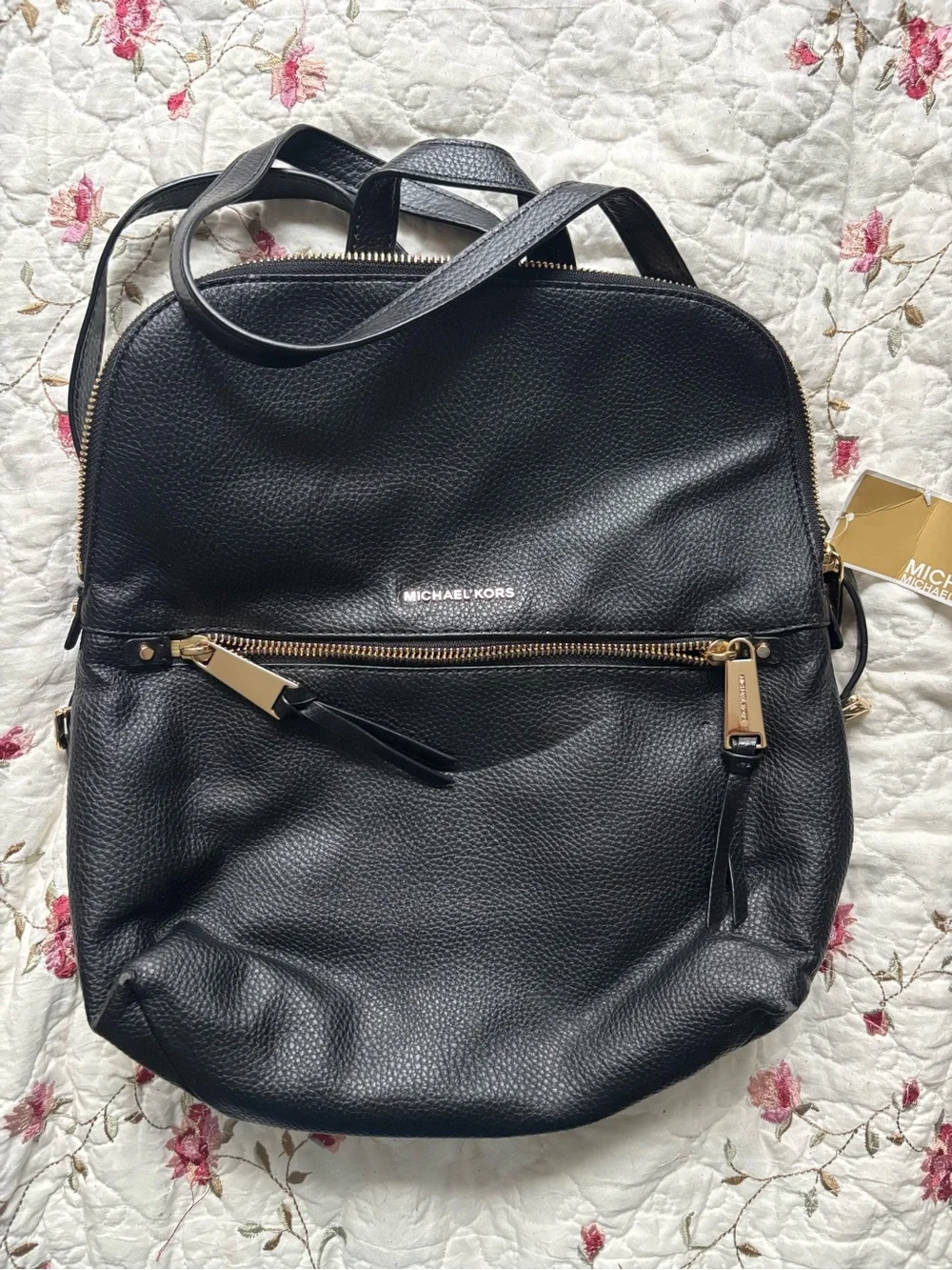 Michael Kors Black Pebbled Leather Backpack with Gold Accents